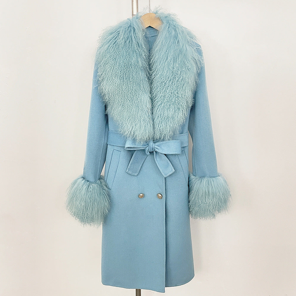 Manteau Femme Élégant en Laine avec Col en Fourrure et Ceinture
