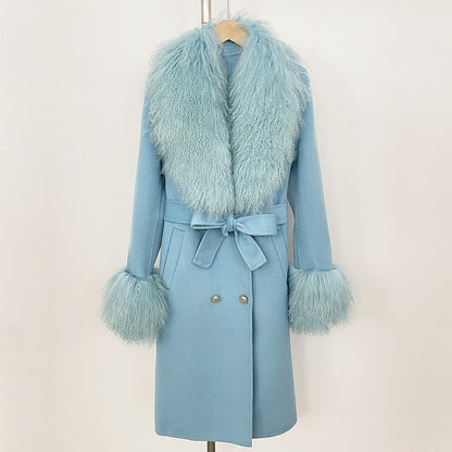Manteau Femme Élégant en Laine avec Col en Fourrure et Ceinture