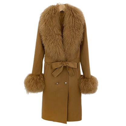 Manteau Femme Élégant en Laine avec Col en Fourrure et Ceinture