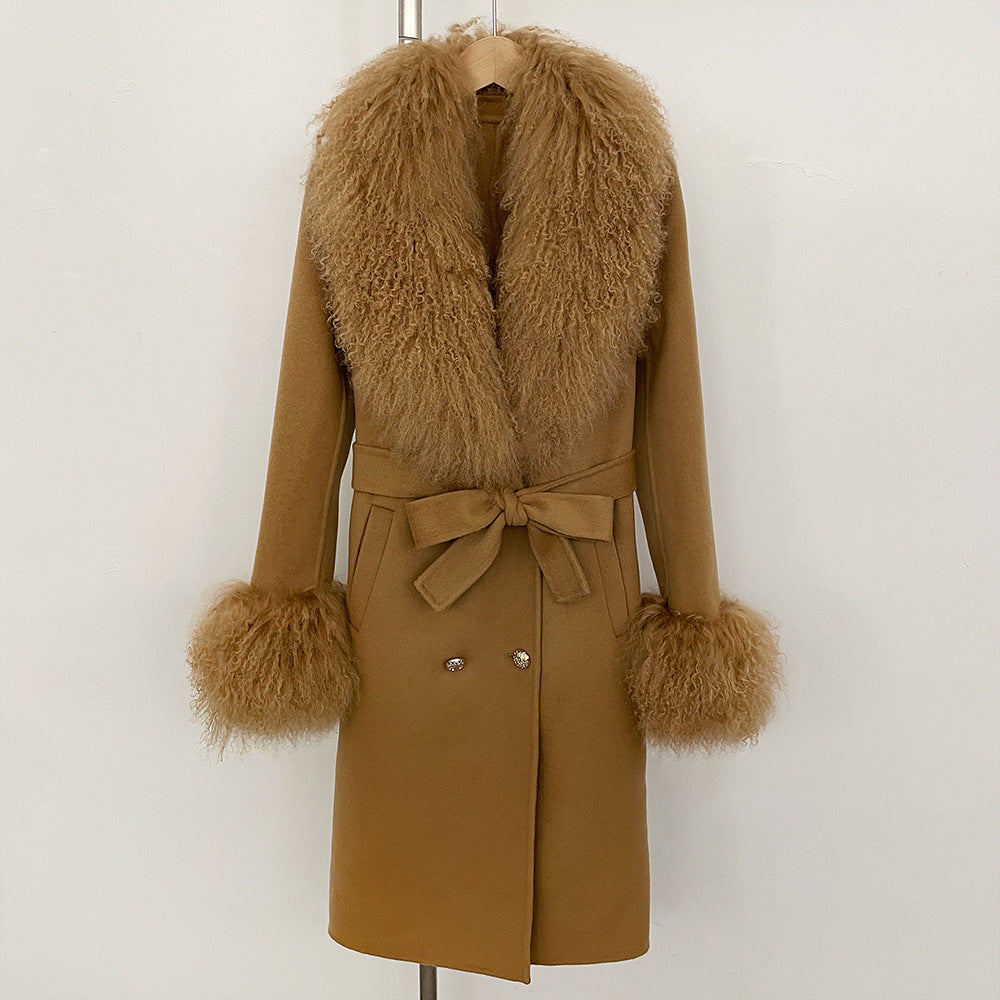 Manteau Femme Élégant en Laine avec Col en Fourrure et Ceinture