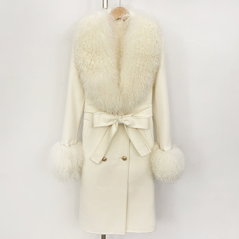 Manteau Femme Élégant en Laine avec Col en Fourrure et Ceinture