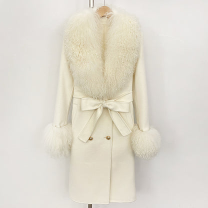 Manteau Femme Élégant en Laine avec Col en Fourrure et Ceinture