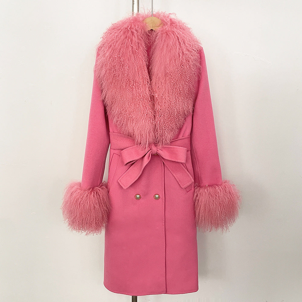 Manteau Femme Élégant en Laine avec Col en Fourrure et Ceinture
