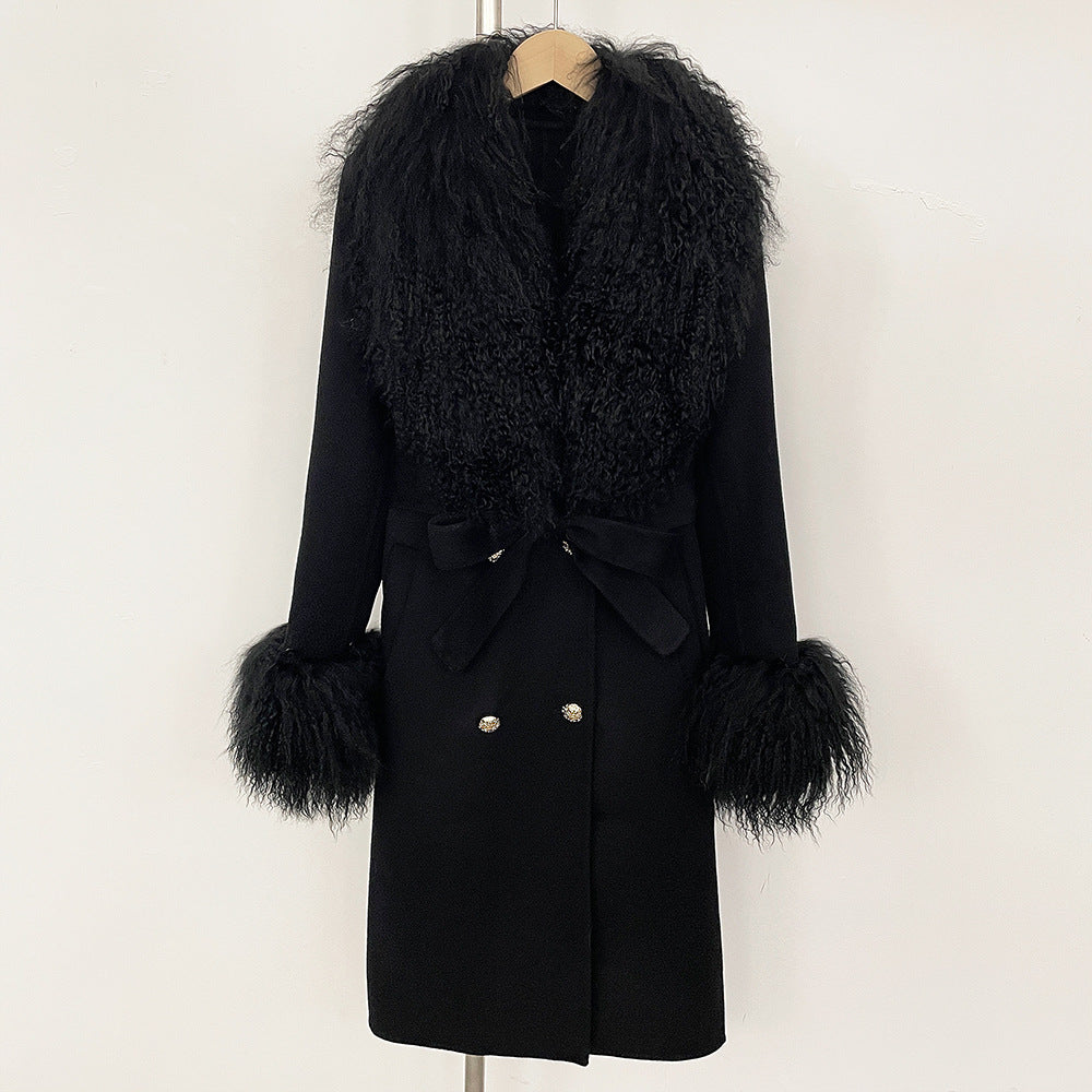 Manteau Femme Élégant en Laine avec Col en Fourrure et Ceinture