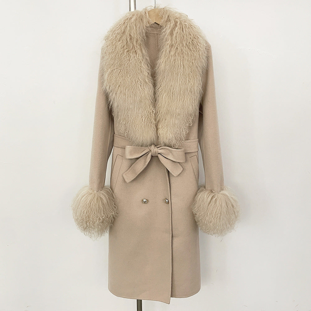 Manteau Femme Élégant en Laine avec Col en Fourrure et Ceinture