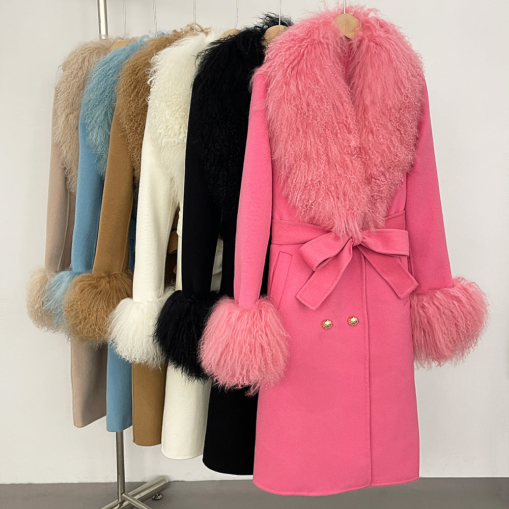Manteau Femme Élégant en Laine avec Col en Fourrure et Ceinture