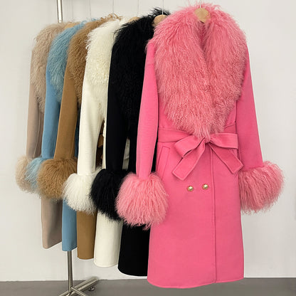 Manteau Femme Élégant en Laine avec Col en Fourrure et Ceinture